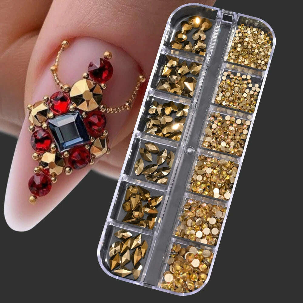 KIMLUD, 12Grids Pink Mixed Nail Rhinestones Luxury Nail Charms Glitter Crystal Jewelry Gems Nail Art Decoration Manicure Rhinestones R#Q, PH140-12, KIMLUD APPAREL - Womens Clothes