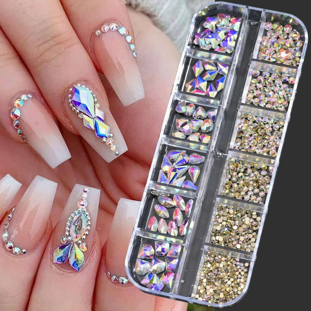 KIMLUD, 12Grids Pink Mixed Nail Rhinestones Luxury Nail Charms Glitter Crystal Jewelry Gems Nail Art Decoration Manicure Rhinestones R#Q, KIMLUD Womens Clothes