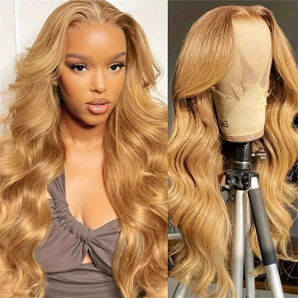 13x4 Transparent Honey Blonde Lace Front Wigs 27# Colored Straight Lace Front Human Hair Wigs 32 Inch Body Wave Human Hair Wigs - KIMLUD