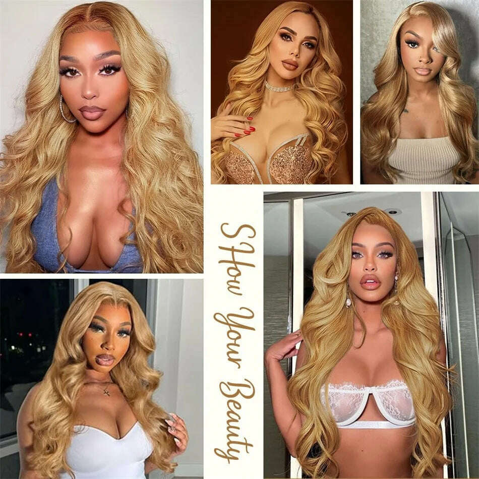 13x4 Transparent Honey Blonde Lace Front Wigs 27# Colored Straight Lace Front Human Hair Wigs 32 Inch Body Wave Human Hair Wigs - KIMLUD