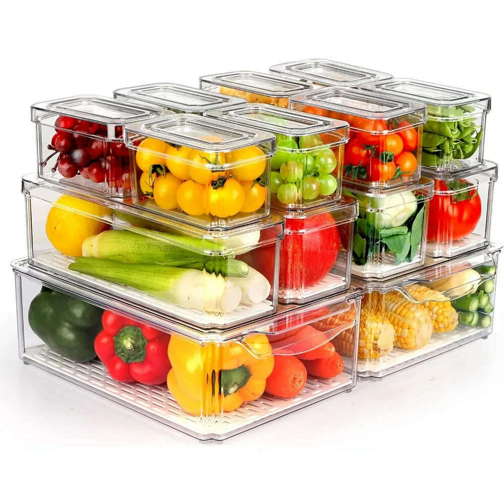 14 Pack Fridge Organizer, Stackable Refrigerator Organizer Bins with Lids, BPA-Free Fridge Organizers and Storage Containers - KIMLUD