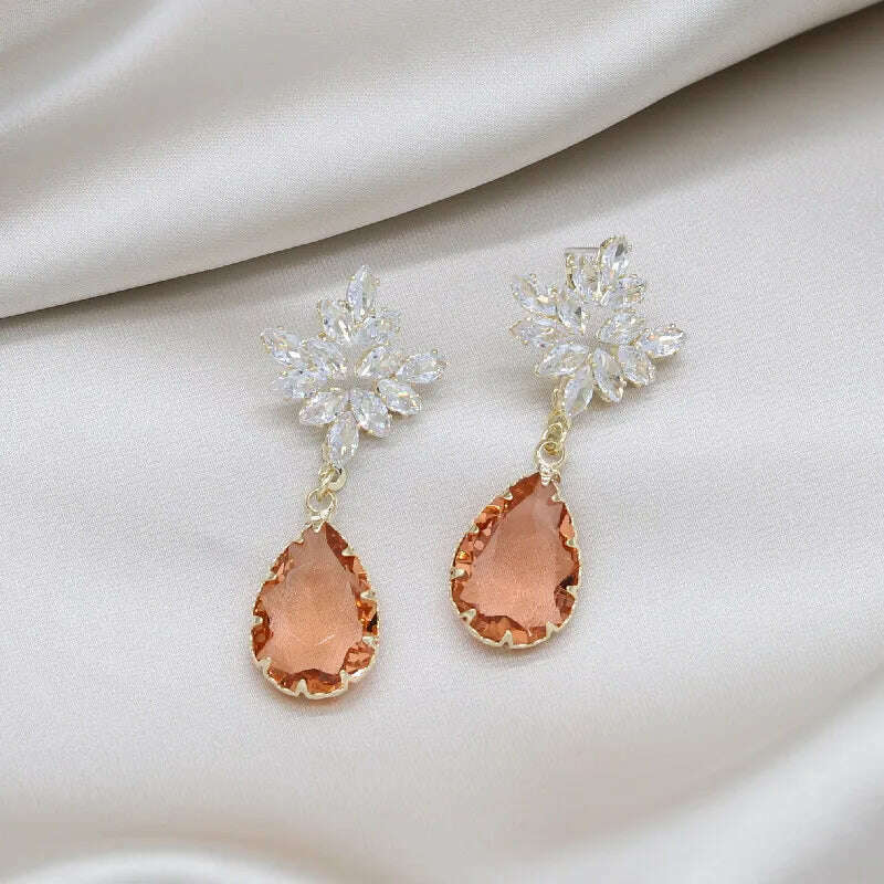 14K Gold Plating New Fashion Jewelry Luxury Zircon Champagne Crystal Water Drop Earrings Elegant Women Wedding Party Earring - KIMLUD