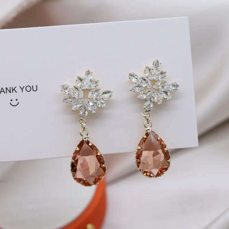 14K Gold Plating New Fashion Jewelry Luxury Zircon Champagne Crystal Water Drop Earrings Elegant Women Wedding Party Earring - KIMLUD