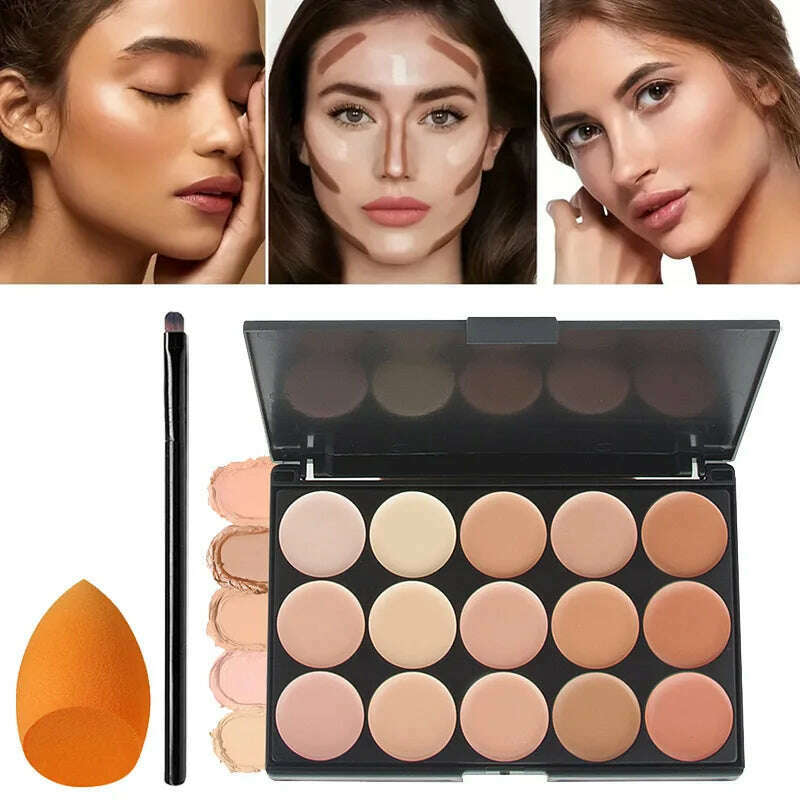 KIMLUD, 15 Color Waterproof Concealer with Brush Covers Acne Marks Dark Circles Long-lasting Foundation Cream Concealer Palette Cosmetic, KIMLUD Womens Clothes