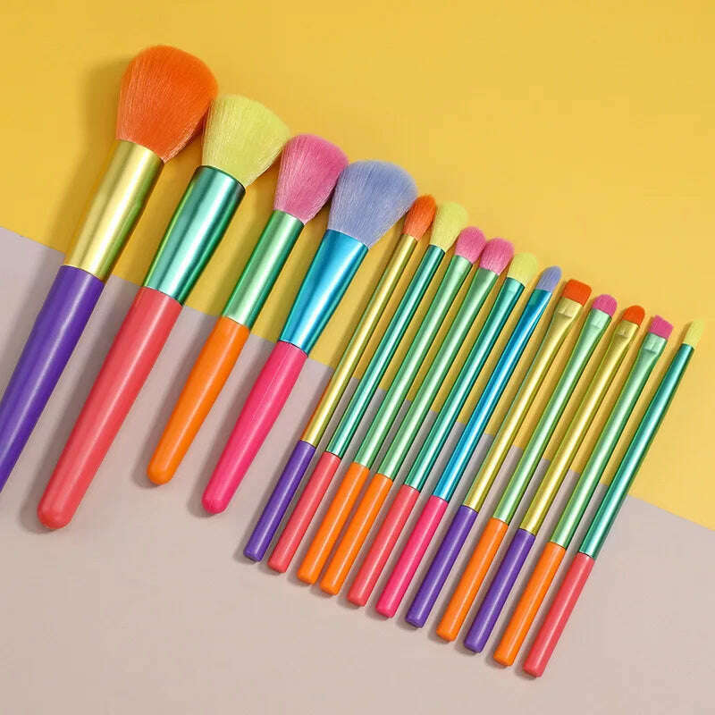 15 PCs Rainbow Color High Quality Makeup Brush Set - Perfect for Eyeshadow, Foundation, and Cosmetic Tools - KIMLUD