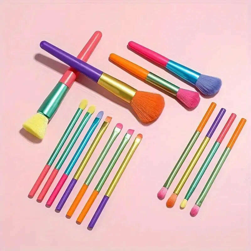 15 PCs Rainbow Color High Quality Makeup Brush Set - Perfect for Eyeshadow, Foundation, and Cosmetic Tools - KIMLUD