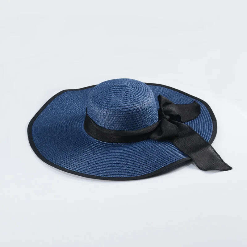 KIMLUD, 15CM Wide Brim Beach Straw Hats For Women Simple Foldable Summer Outing Sun Hat Fashion Flat Brom Bowknot Uv Protection Panama, navy blue-black, KIMLUD APPAREL - Womens Clothes