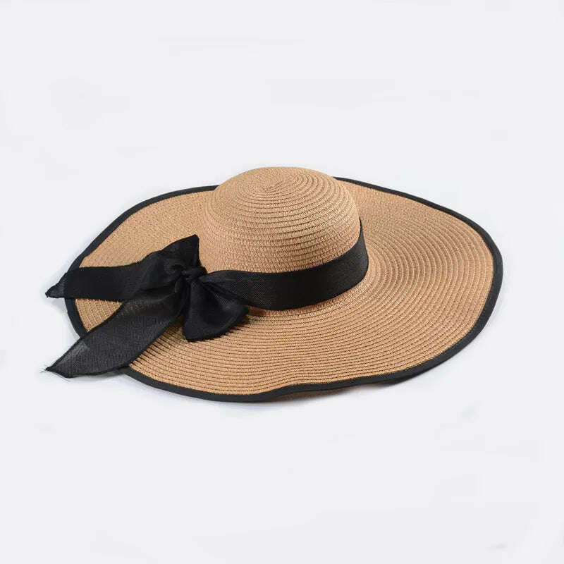 KIMLUD, 15CM Wide Brim Beach Straw Hats For Women Simple Foldable Summer Outing Sun Hat Fashion Flat Brom Bowknot Uv Protection Panama, Khaki -black, KIMLUD APPAREL - Womens Clothes