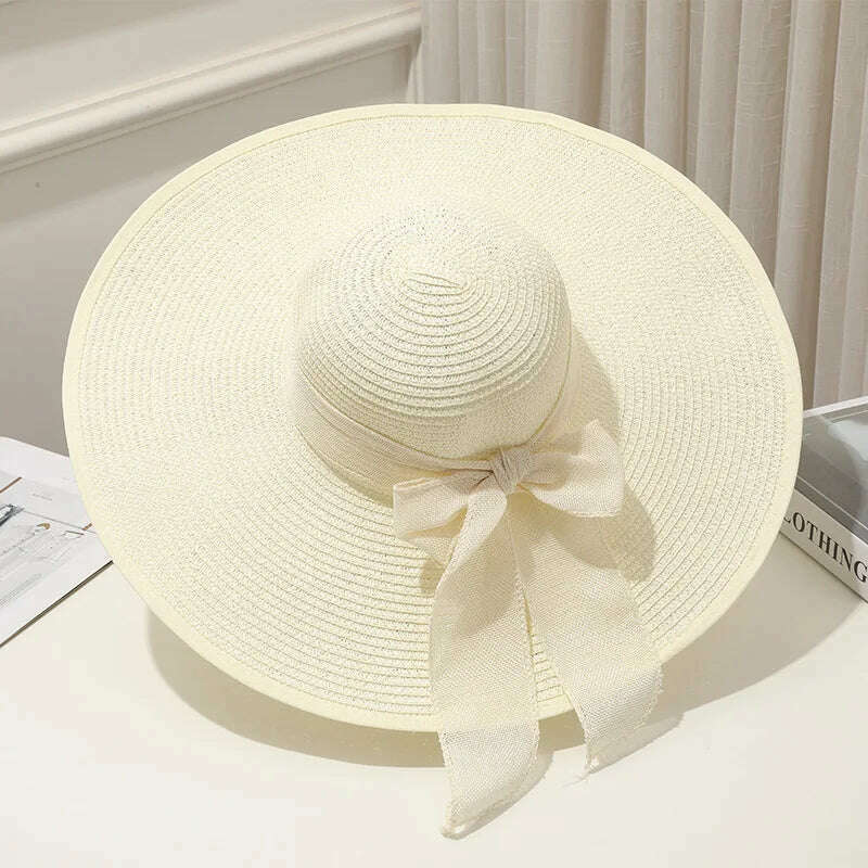 KIMLUD, 15CM Wide Brim Beach Straw Hats For Women Simple Foldable Summer Outing Sun Hat Fashion Flat Brom Bowknot Uv Protection Panama, White, KIMLUD APPAREL - Womens Clothes