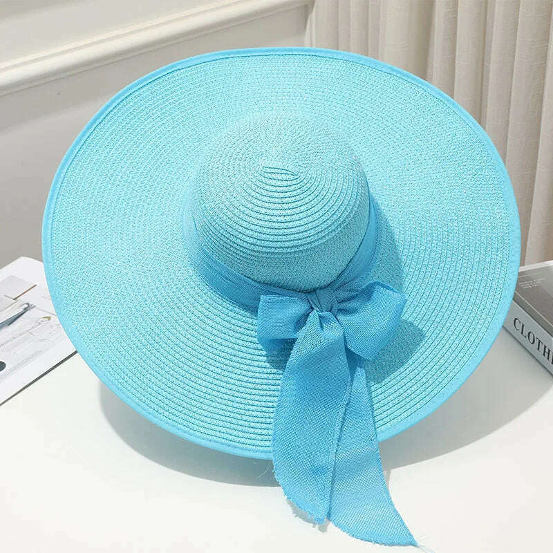 KIMLUD, 15CM Wide Brim Beach Straw Hats For Women Simple Foldable Summer Outing Sun Hat Fashion Flat Brom Bowknot Uv Protection Panama, Sky blue, KIMLUD APPAREL - Womens Clothes