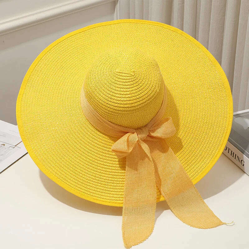 KIMLUD, 15CM Wide Brim Beach Straw Hats For Women Simple Foldable Summer Outing Sun Hat Fashion Flat Brom Bowknot Uv Protection Panama, Yellow, KIMLUD APPAREL - Womens Clothes