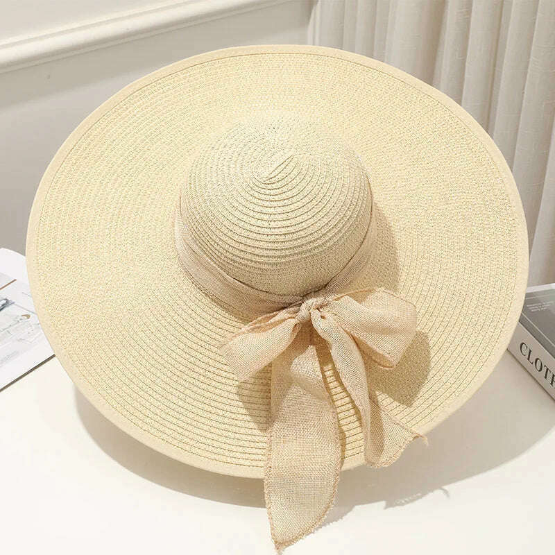 KIMLUD, 15CM Wide Brim Beach Straw Hats For Women Simple Foldable Summer Outing Sun Hat Fashion Flat Brom Bowknot Uv Protection Panama, Beige, KIMLUD APPAREL - Womens Clothes