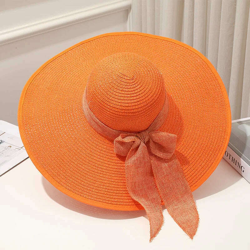 KIMLUD, 15CM Wide Brim Beach Straw Hats For Women Simple Foldable Summer Outing Sun Hat Fashion Flat Brom Bowknot Uv Protection Panama, Orange, KIMLUD APPAREL - Womens Clothes