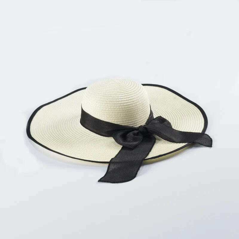 KIMLUD, 15CM Wide Brim Beach Straw Hats For Women Simple Foldable Summer Outing Sun Hat Fashion Flat Brom Bowknot Uv Protection Panama, White-black, KIMLUD APPAREL - Womens Clothes