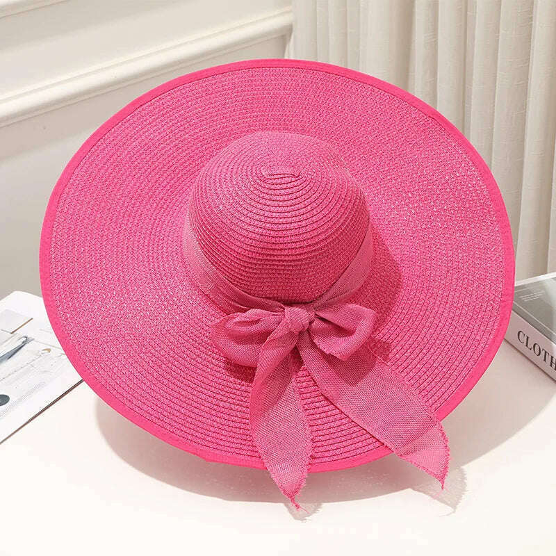 KIMLUD, 15CM Wide Brim Beach Straw Hats For Women Simple Foldable Summer Outing Sun Hat Fashion Flat Brom Bowknot Uv Protection Panama, rose Red, KIMLUD APPAREL - Womens Clothes