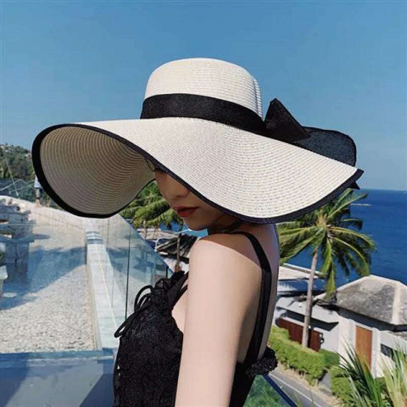 KIMLUD, 15CM Wide Brim Beach Straw Hats For Women Simple Foldable Summer Outing Sun Hat Fashion Flat Brom Bowknot Uv Protection Panama, KIMLUD Womens Clothes