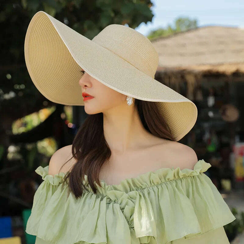 KIMLUD, 15CM Wide Brim Beach Straw Hats For Women Simple Foldable Summer Outing Sun Hat Fashion Flat Brom Bowknot Uv Protection Panama, KIMLUD Womens Clothes