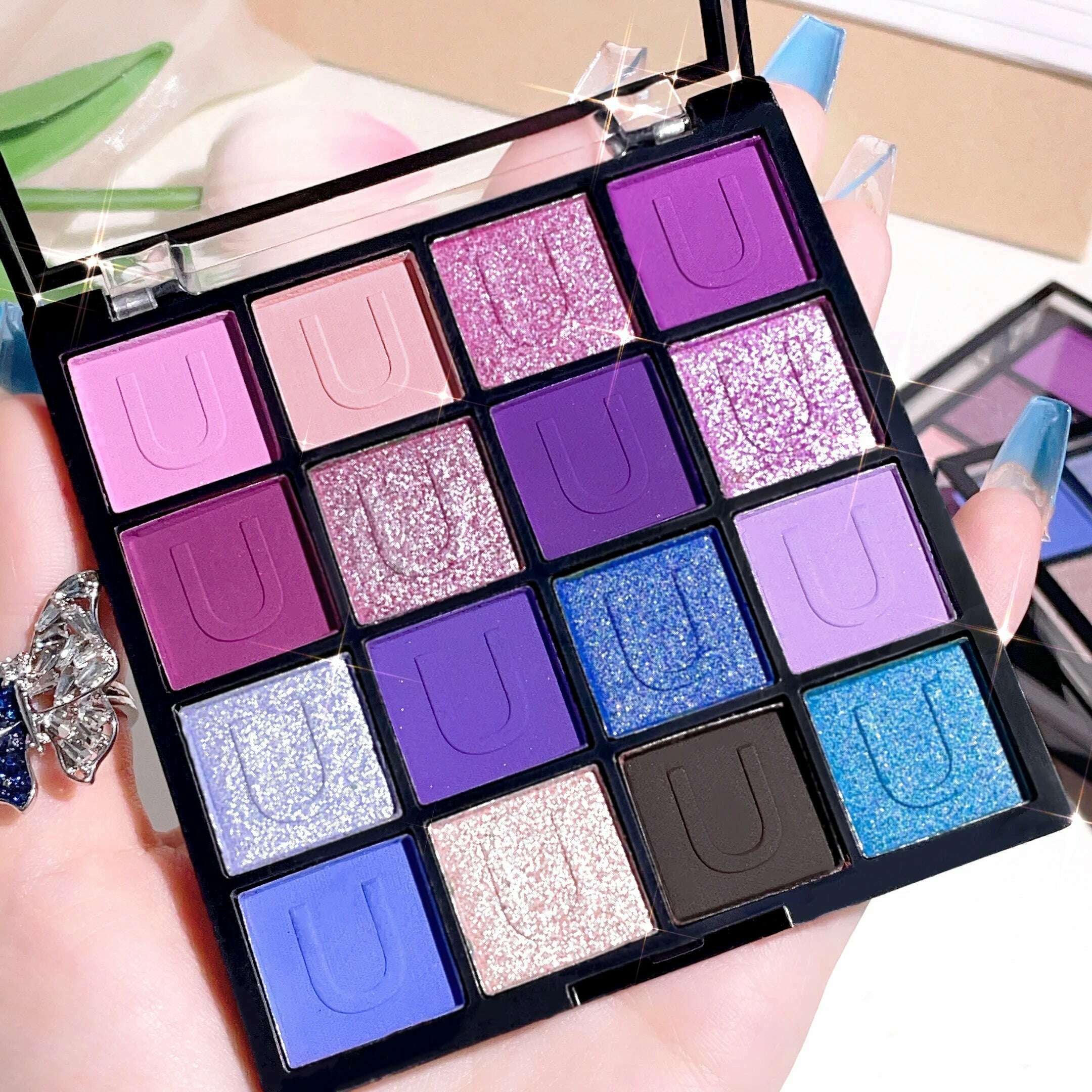 16-color Purple Eyeshadow Palette, Pearly Glitter Sequins Finish, Waterproof Blendable Eyeshadow Cosmetics For Music Festival - KIMLUD