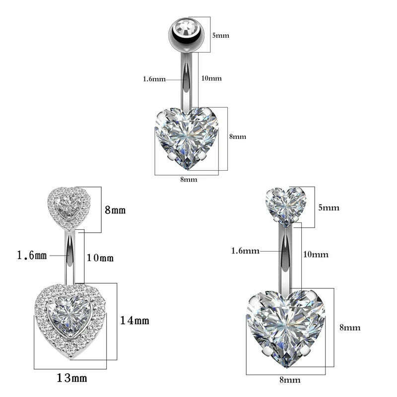 KIMLUD, 1PC Surgical Steel Belly Button Rings Crystal Piercing Navel Heart Style Navel Piercing Earring Belly Piercings Ombligo Jewelry, KIMLUD Womens Clothes