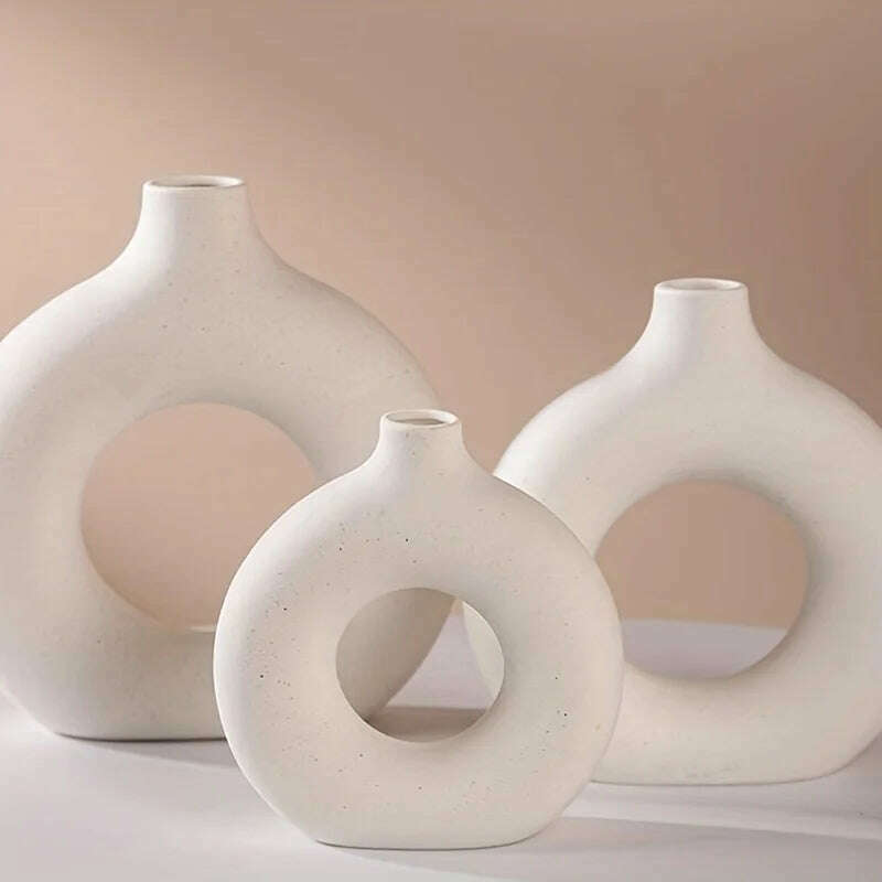 KIMLUD, 1pc, White/Beige Ceramic Vase  Vases For Decor, Modern Home Decor Vase, Boho Vases For Decor, Circle Vase, Round Vase, Donut Vas, KIMLUD Womens Clothes