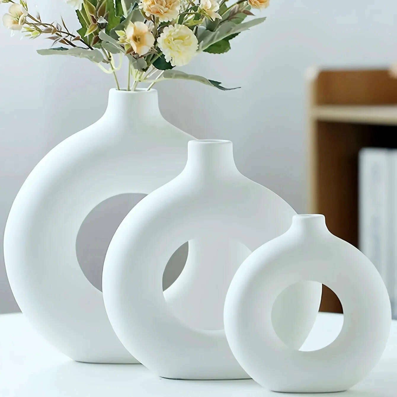 KIMLUD, 1pc, White/Beige Ceramic Vase  Vases For Decor, Modern Home Decor Vase, Boho Vases For Decor, Circle Vase, Round Vase, Donut Vas, KIMLUD Womens Clothes