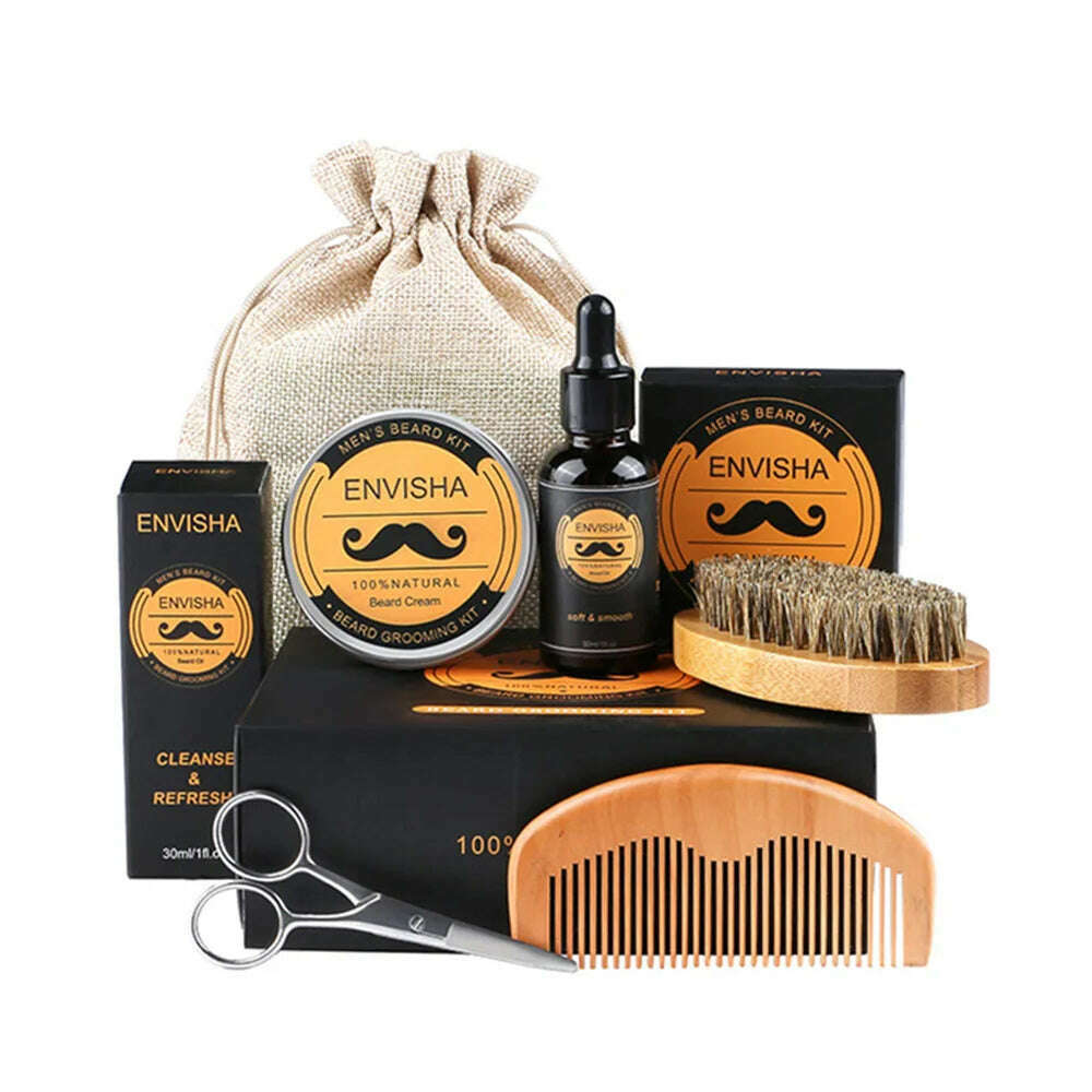 KIMLUD, 1Set Men Beard Grooming Kit Mustache Beard Hair Growth Oil Styling Tool Beard Essential Balm Comb Moisturize Wax Scissor, Type 1 / CHINA, KIMLUD APPAREL - Womens Clothes