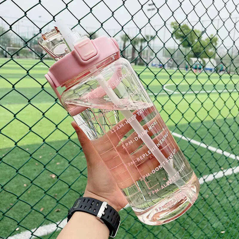 2 Liter Water Bottle with Straw Female Jug Girls Portable Travel bottles Fitness Bike Cup Summer Cold Water Jug with Time Marker - KIMLUD