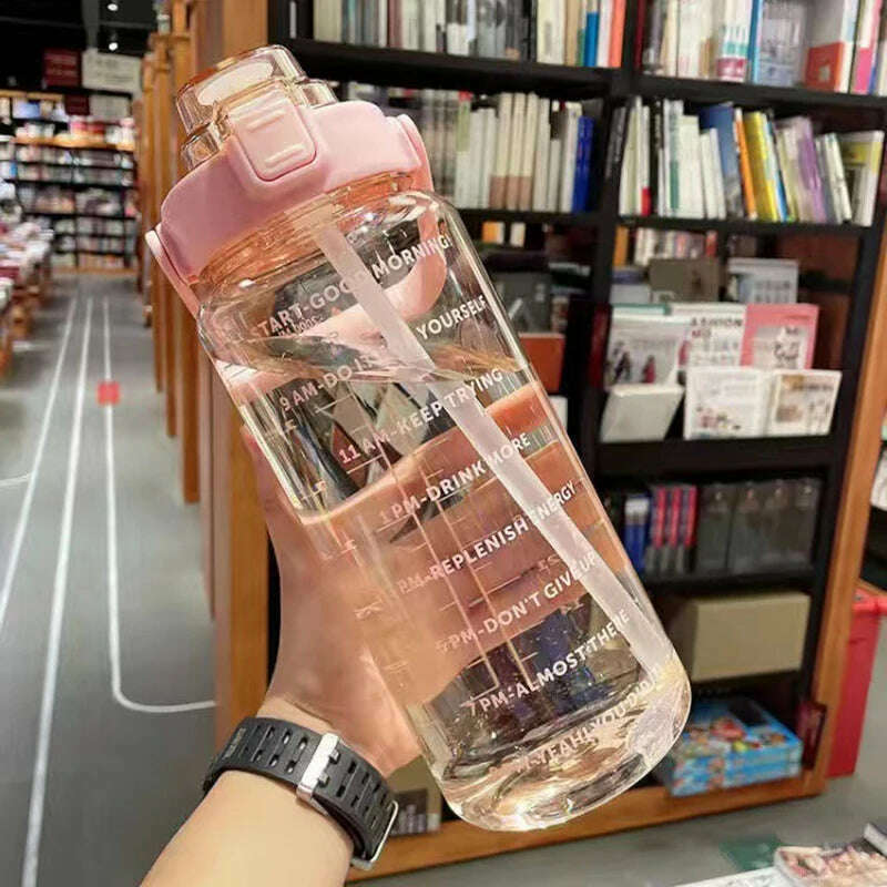 2 Liter Water Bottle with Straw Female Jug Girls Portable Travel bottles Fitness Bike Cup Summer Cold Water Jug with Time Marker - KIMLUD