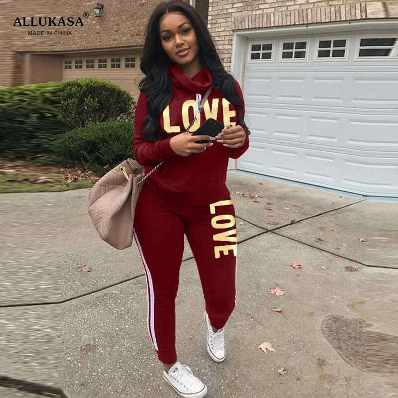 KIMLUD, 2 Piece Set Women Outfit LOVE Letter Print High Neck Hoodies Sweatshirt Pants Tracksuit 2022 Plus Size Streetwear Casual Suit, Claret / XXL, KIMLUD APPAREL - Womens Clothes