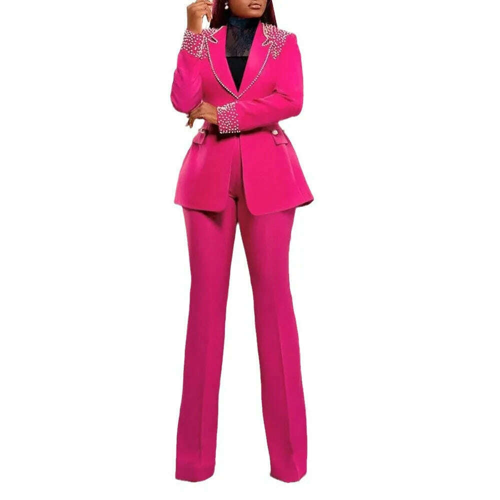 KIMLUD, 2 Piece Women Sets Plus Size Dashiki African New Arrival Matching Two Pieces Sets Blazer Coat Top Pants Suits Outfits Clothing, Fuchsia / M, KIMLUD APPAREL - Womens Clothes