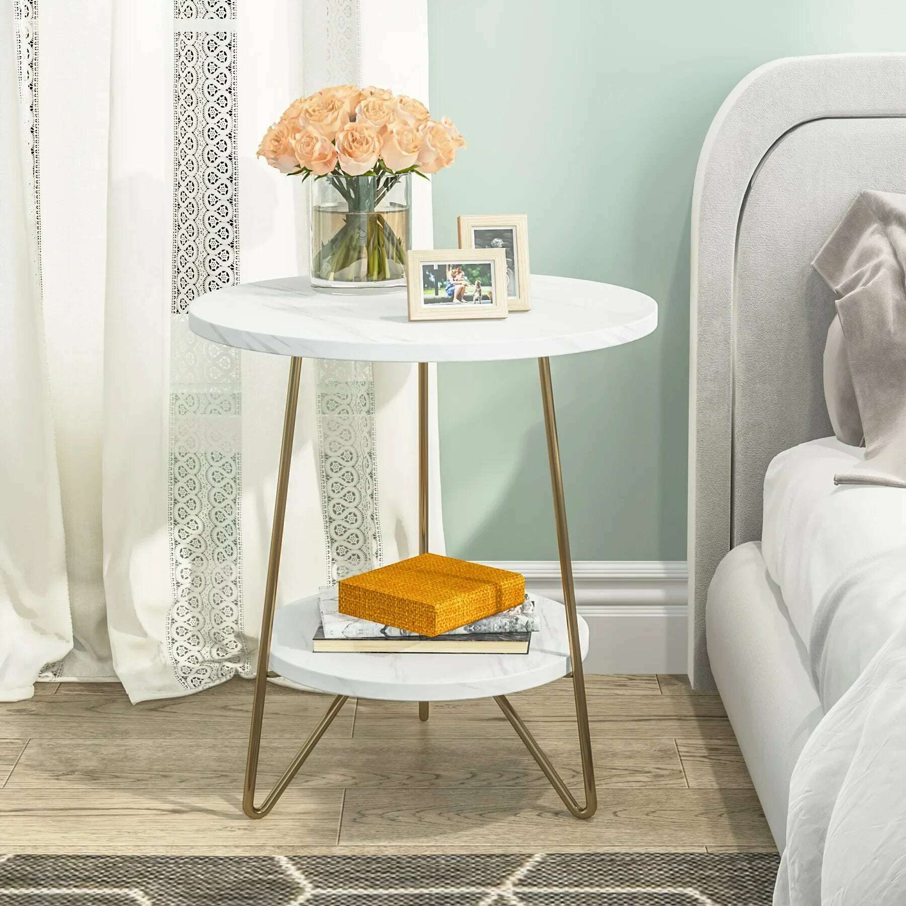 2 Tier Faux Marble End Table Round Side Table with Shelves Small Coffee Accent Table for Living Room, White and Gold - KIMLUD