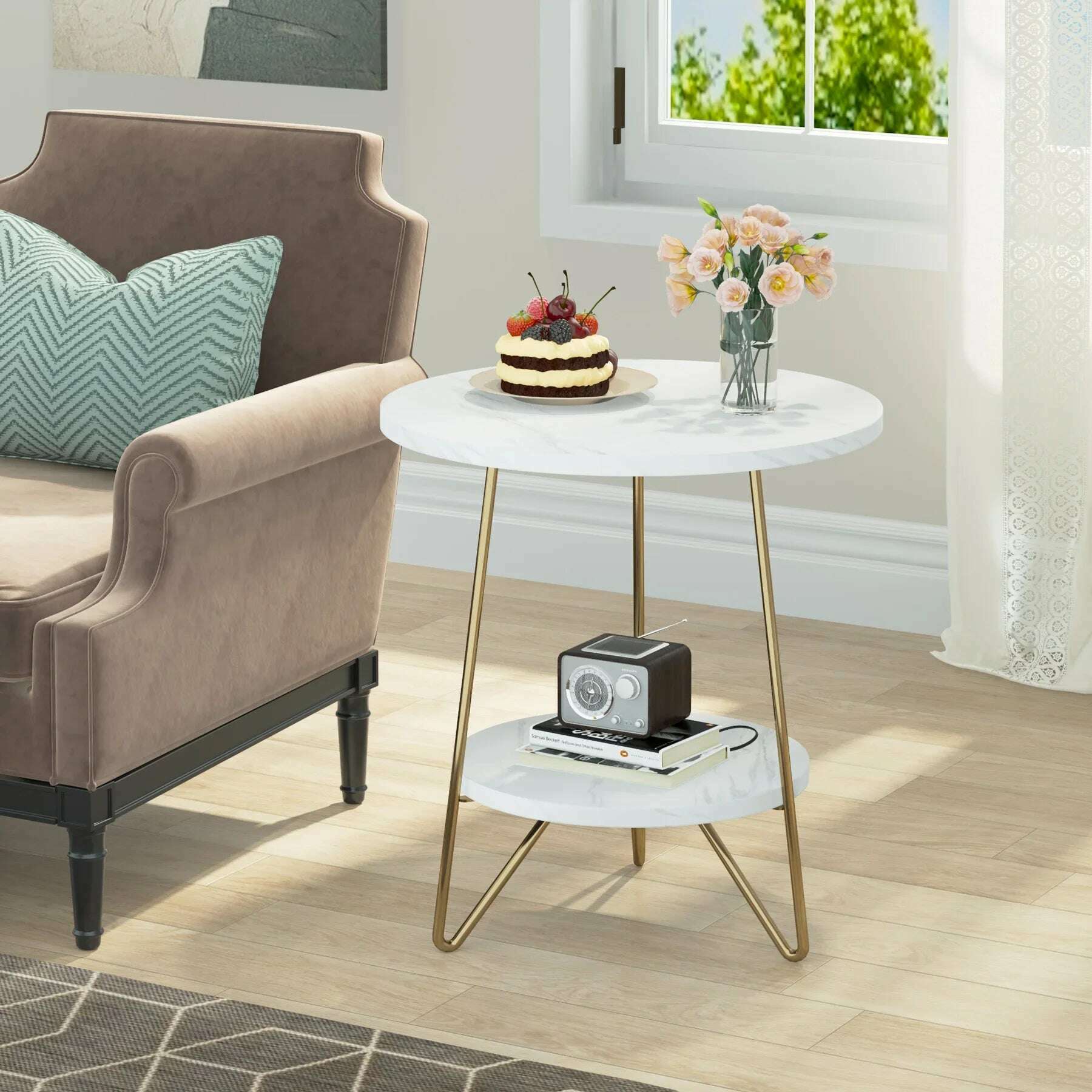 2 Tier Faux Marble End Table Round Side Table with Shelves Small Coffee Accent Table for Living Room, White and Gold - KIMLUD