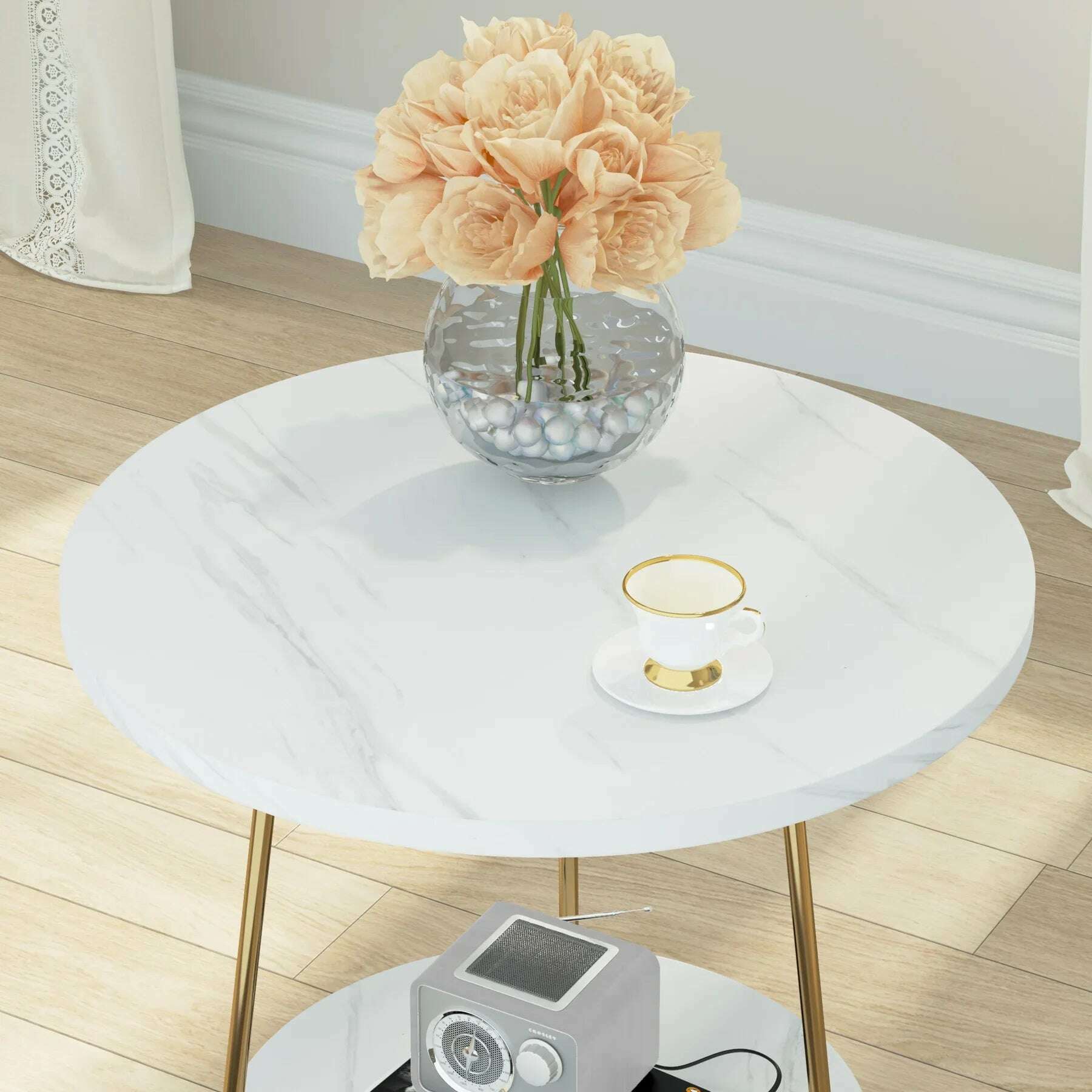 2 Tier Faux Marble End Table Round Side Table with Shelves Small Coffee Accent Table for Living Room, White and Gold - KIMLUD