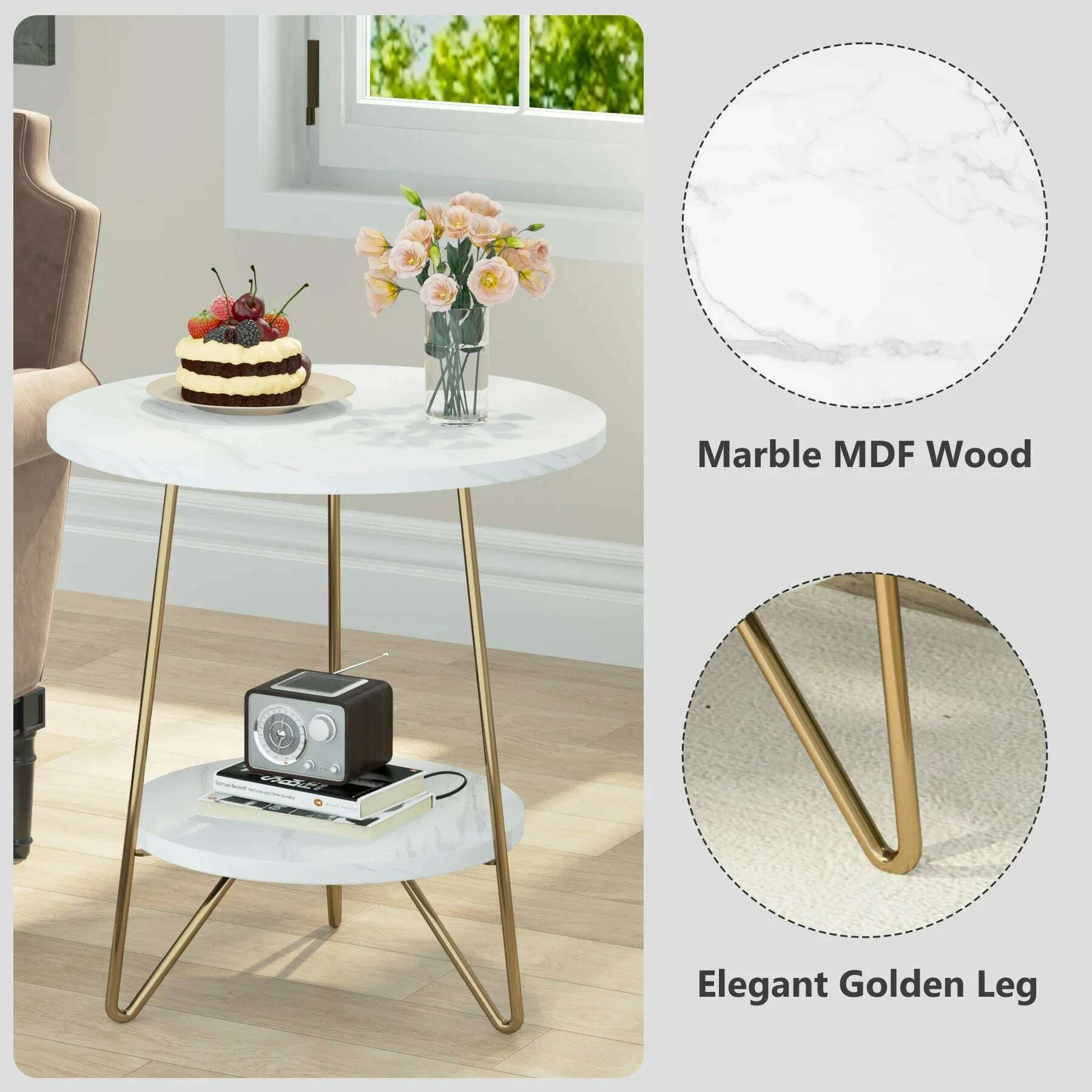 2 Tier Faux Marble End Table Round Side Table with Shelves Small Coffee Accent Table for Living Room, White and Gold - KIMLUD