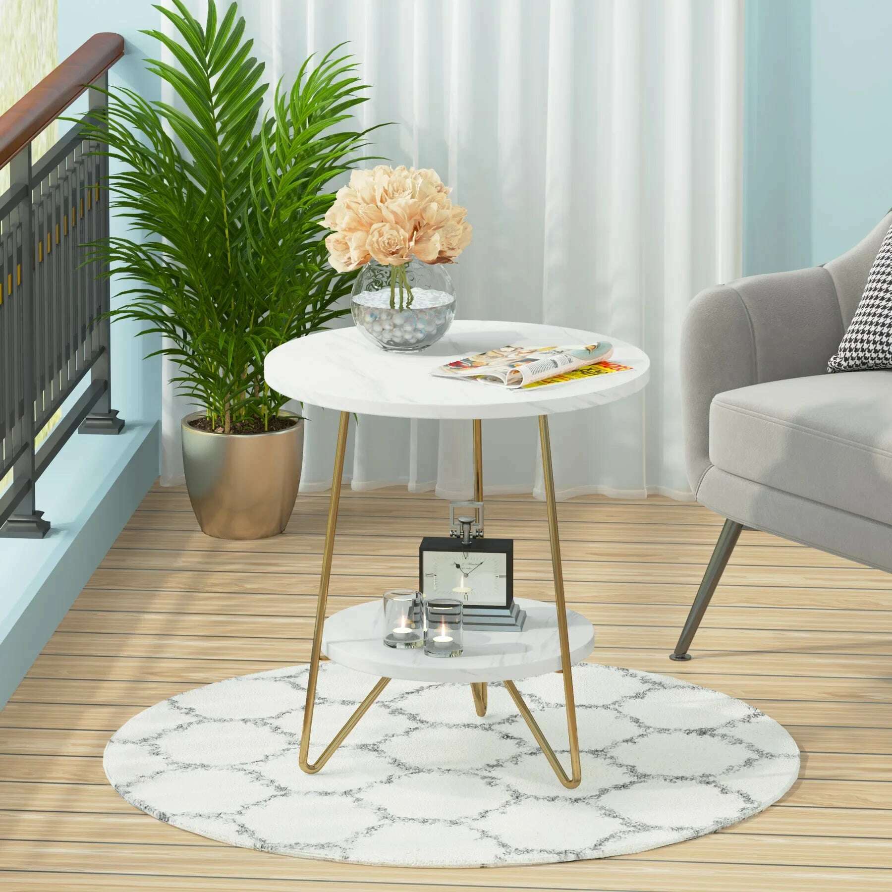 KIMLUD, 2 Tier Faux Marble End Table Round Side Table with Shelves Small Coffee Accent Table for Living Room, White and Gold, KIMLUD Womens Clothes