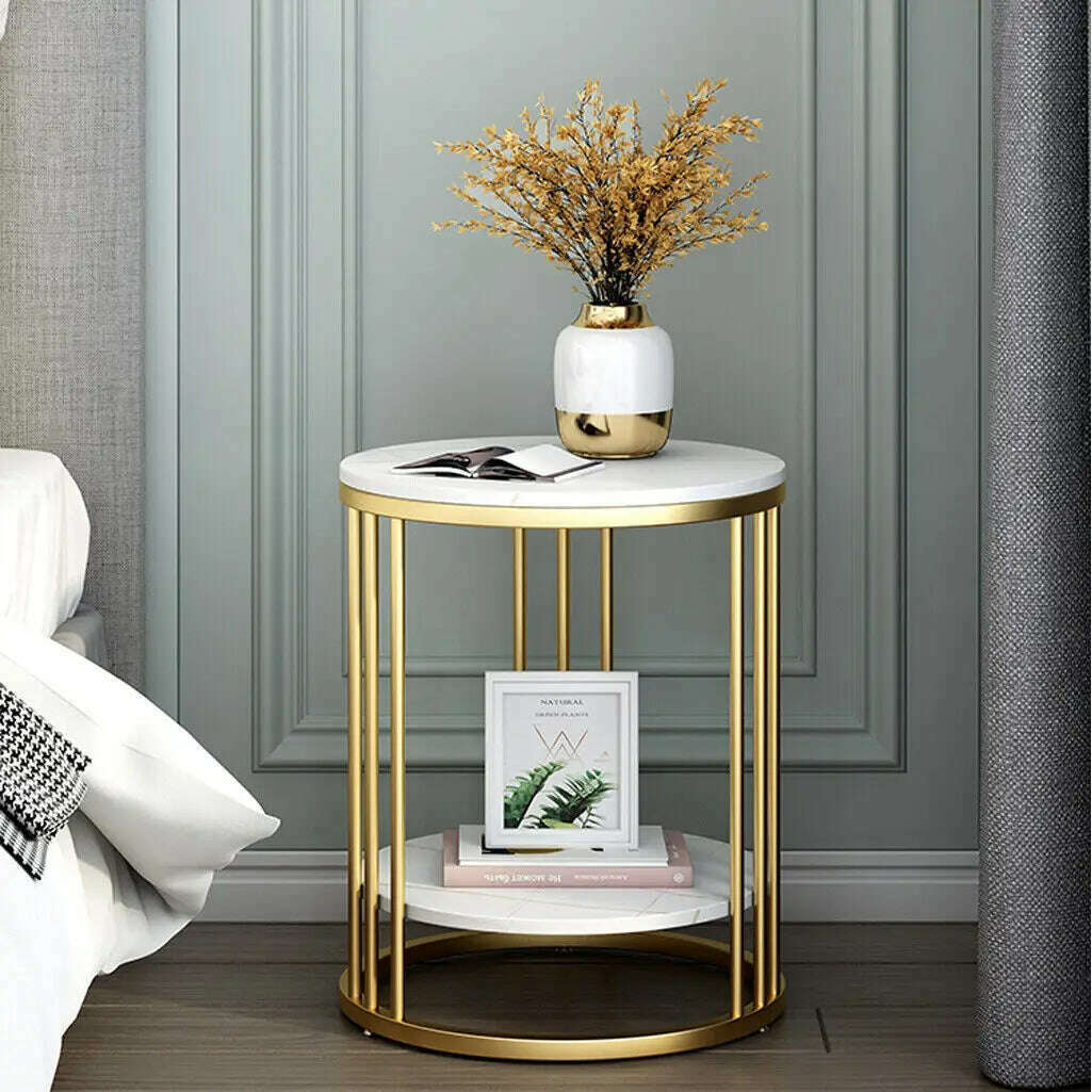 2-Tier White Marble Side Table Round Coffee Table Nightstand Jewellery Storage - KIMLUD