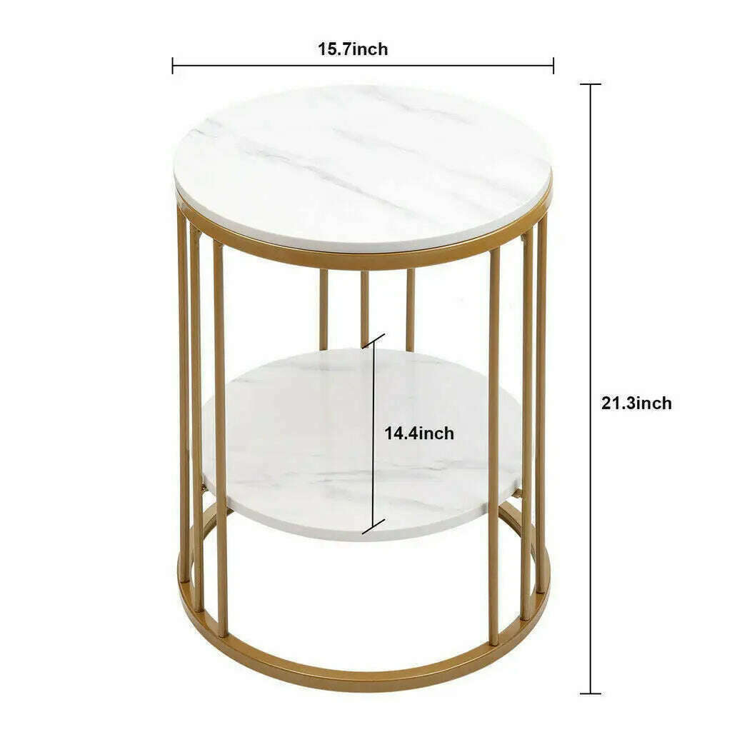 2-Tier White Marble Side Table Round Coffee Table Nightstand Jewellery Storage - KIMLUD