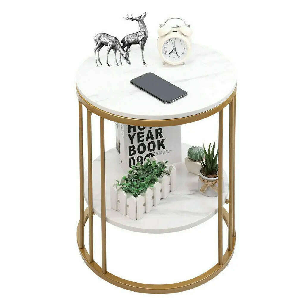 2-Tier White Marble Side Table Round Coffee Table Nightstand Jewellery Storage - KIMLUD