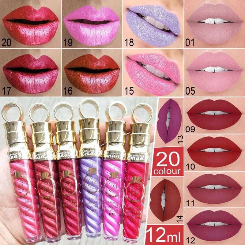 KIMLUD, 20 Colors Lipstick Waterproof Long Lasting Matte+Shimmer Mental Beauty Lip Gloss Nude Glitter Lip Gloss Beauty Red Lip Tint New, KIMLUD Womens Clothes