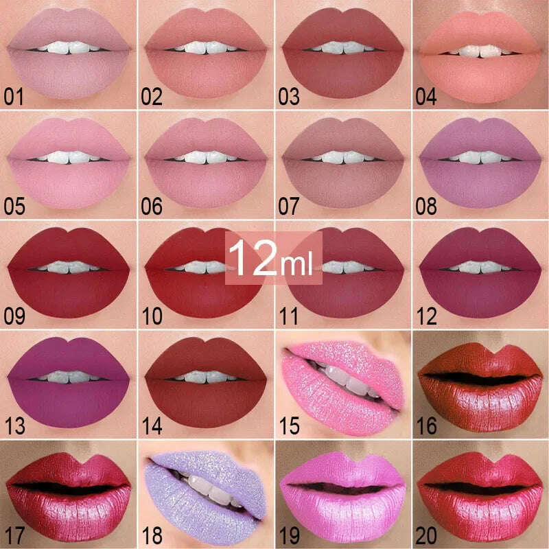 KIMLUD, 20 Colors Lipstick Waterproof Long Lasting Matte+Shimmer Mental Beauty Lip Gloss Nude Glitter Lip Gloss Beauty Red Lip Tint New, KIMLUD Womens Clothes