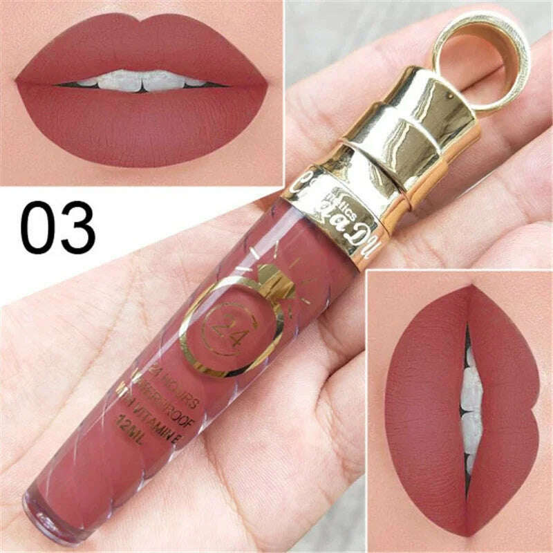 KIMLUD, 20 Colors Lipstick Waterproof Long Lasting Matte+Shimmer Mental Beauty Lip Gloss Nude Glitter Lip Gloss Beauty Red Lip Tint New, 03, KIMLUD Womens Clothes