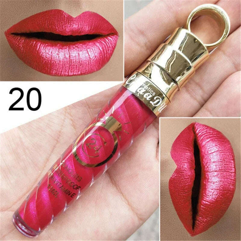 20 Colors Lipstick Waterproof Long Lasting Matte+Shimmer Mental Beauty Lip Gloss Nude Glitter Lip Gloss Beauty Red Lip Tint New - KIMLUD