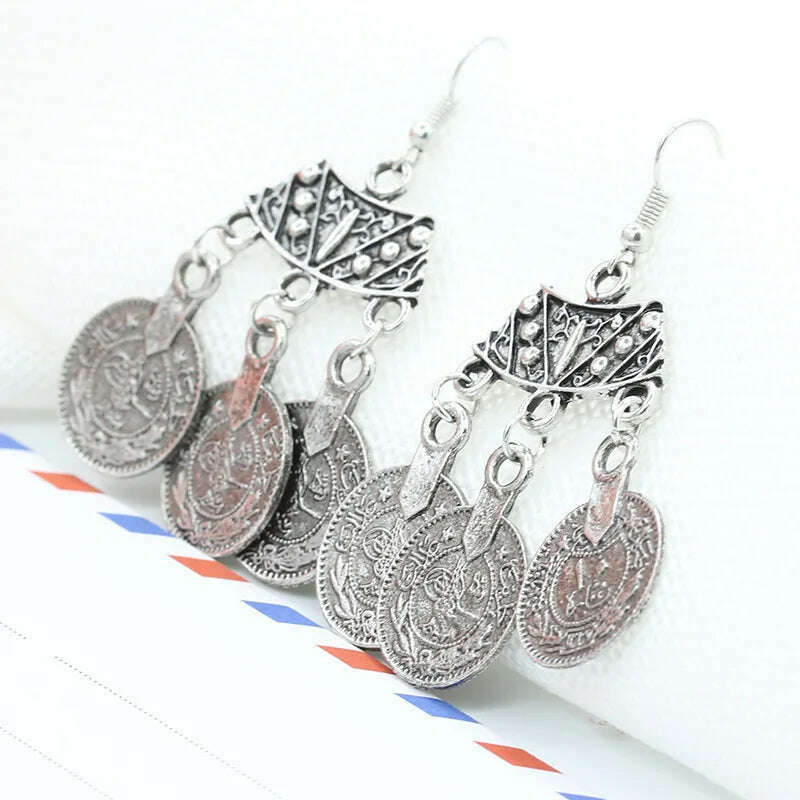 KIMLUD, 2016 New Fashion Ethnic Bohemian Gypsy Drop Earrings Sector Design Boho Indian Jewelry Long Big Pendant Ancient Coins Earrings, KIMLUD Womens Clothes