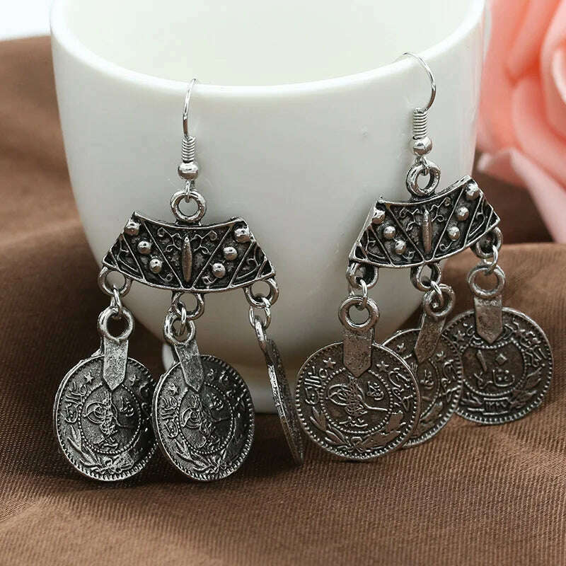 KIMLUD, 2016 New Fashion Ethnic Bohemian Gypsy Drop Earrings Sector Design Boho Indian Jewelry Long Big Pendant Ancient Coins Earrings, KIMLUD Womens Clothes