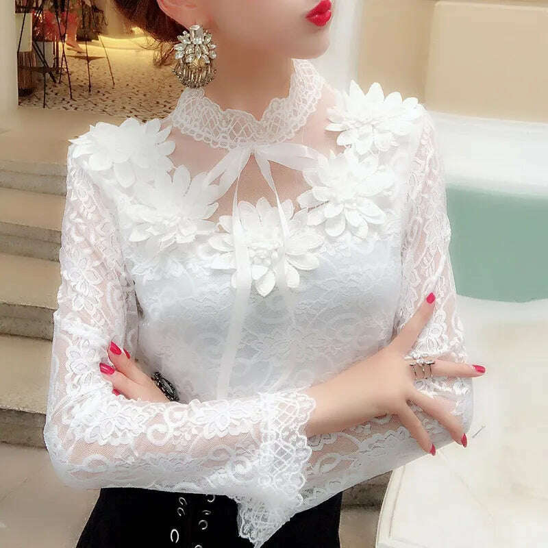 2018 Spring Autumn Women Long Sleeve Blouse Sweet Floral Hollow Lace Shirt Female Bow Mesh Blouses Short Bottoming Tops AB1138 - KIMLUD