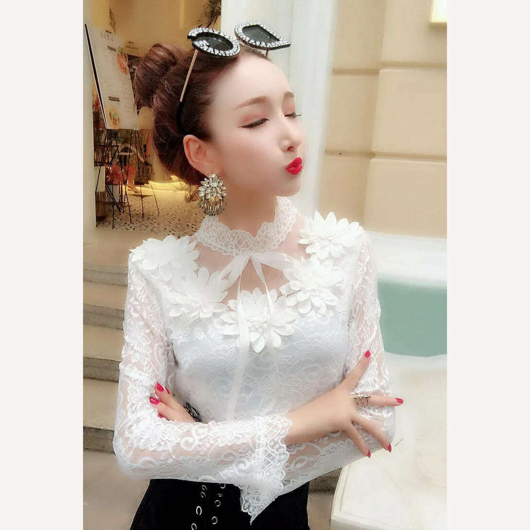 KIMLUD, 2018 Spring Autumn Women Long Sleeve Blouse Sweet Floral Hollow Lace Shirt Female Bow Mesh Blouses Short Bottoming Tops AB1138, KIMLUD Womens Clothes