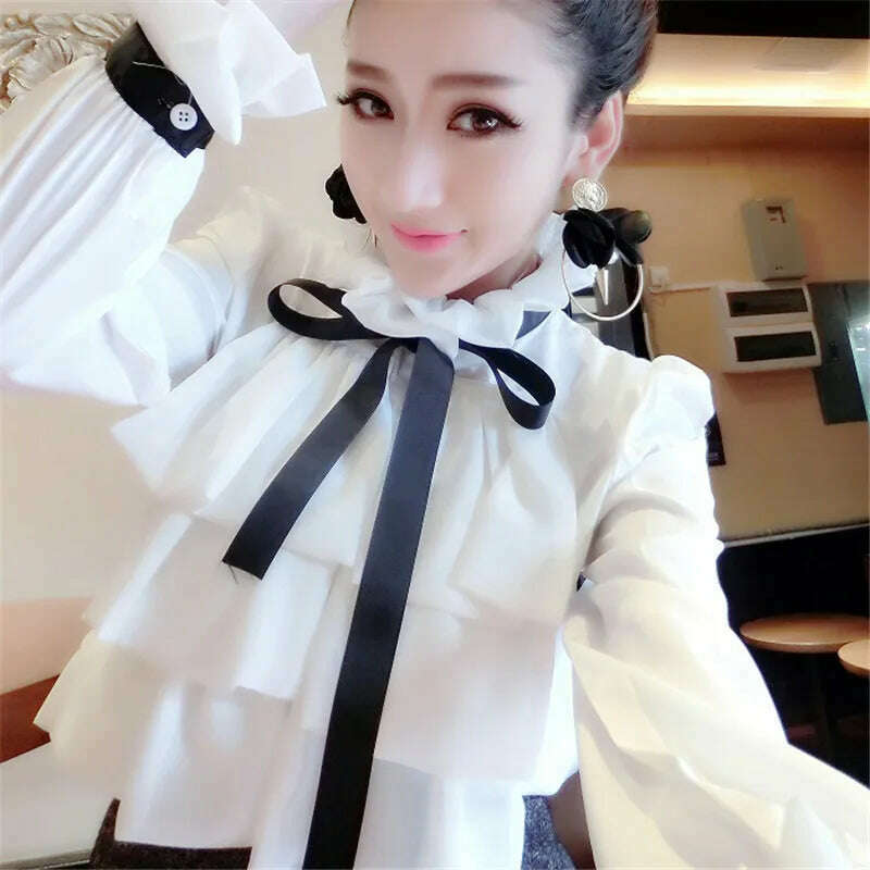 KIMLUD, 2019 Spring Autumn Women White Blouses Tops Princess Tie Bow Ruffles Blouse Ladies Flare Sleeve Chiffon Shirt Blusas Tops AB1320, KIMLUD Womens Clothes