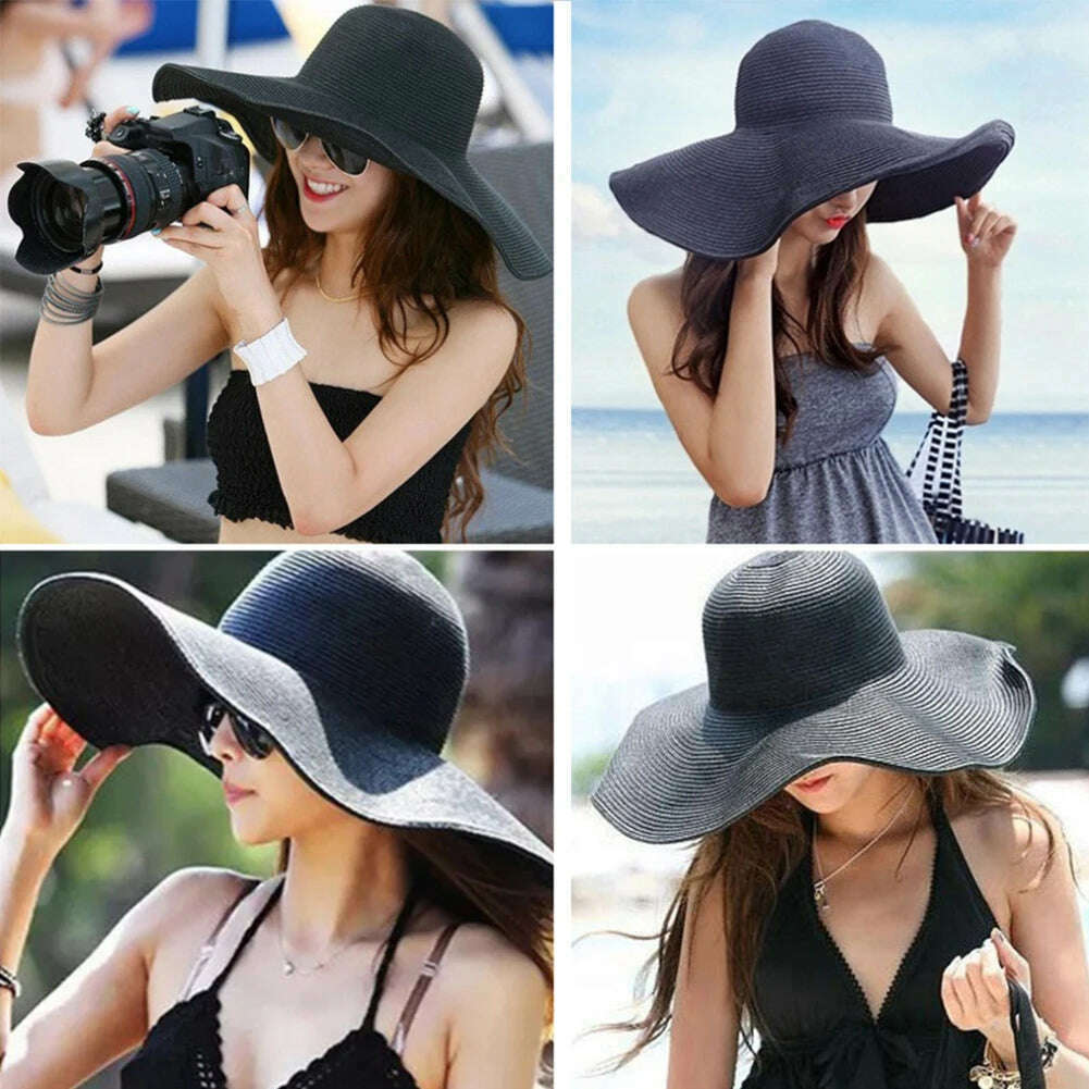 2019 Women Natural Raffia Straw Hat Ribbon Tie Brim Hat Derby Beach Sun Hat Cap Summer Wide Brim UV Protect Hats Female Cap Summ - KIMLUD