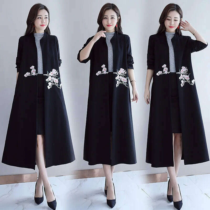 KIMLUD, 2020 New Chinese Style Women's Black Retro Embroidery Long Cardigan Long Trench Coat Spring Autumn Female Windbreaker тренч, KIMLUD Womens Clothes