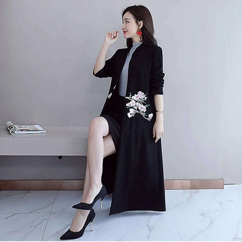 KIMLUD, 2020 New Chinese Style Women's Black Retro Embroidery Long Cardigan Long Trench Coat Spring Autumn Female Windbreaker тренч, KIMLUD Womens Clothes